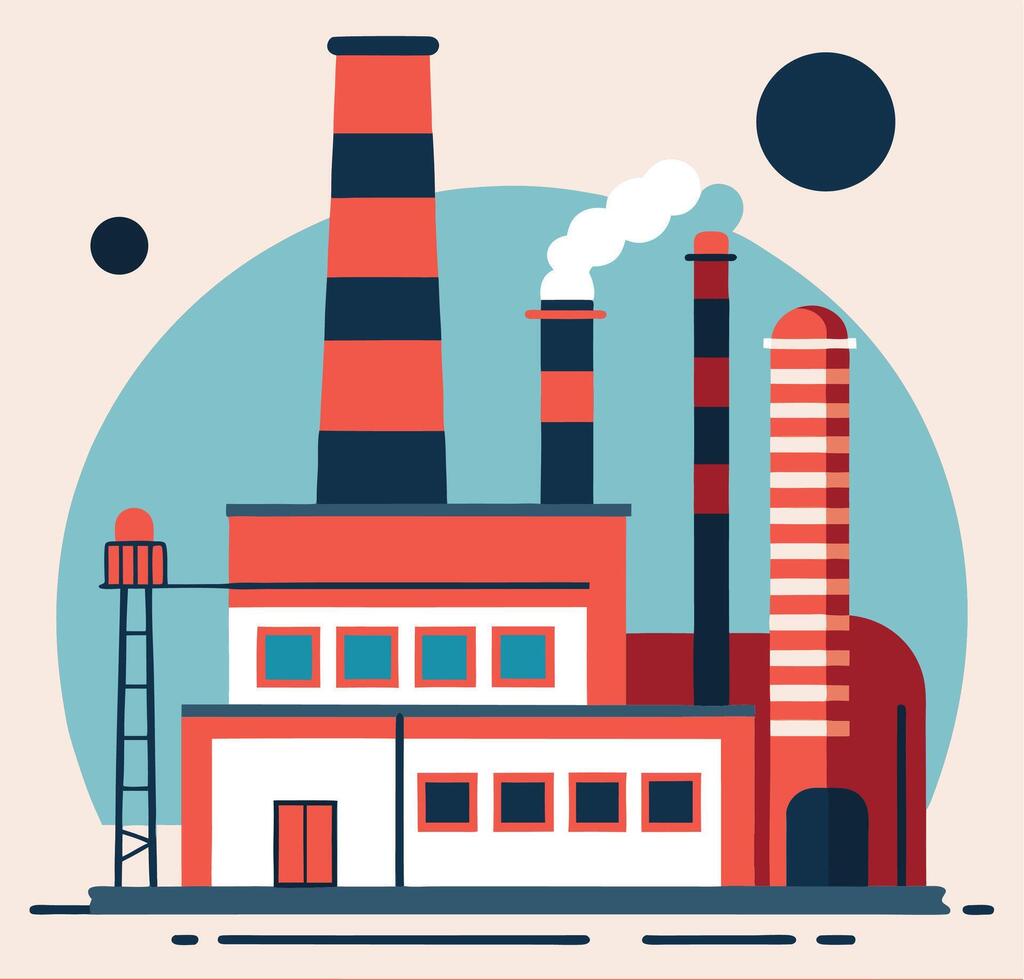Stylized factory features bold red and blue colors, with smoke and simple geometric shapes vector