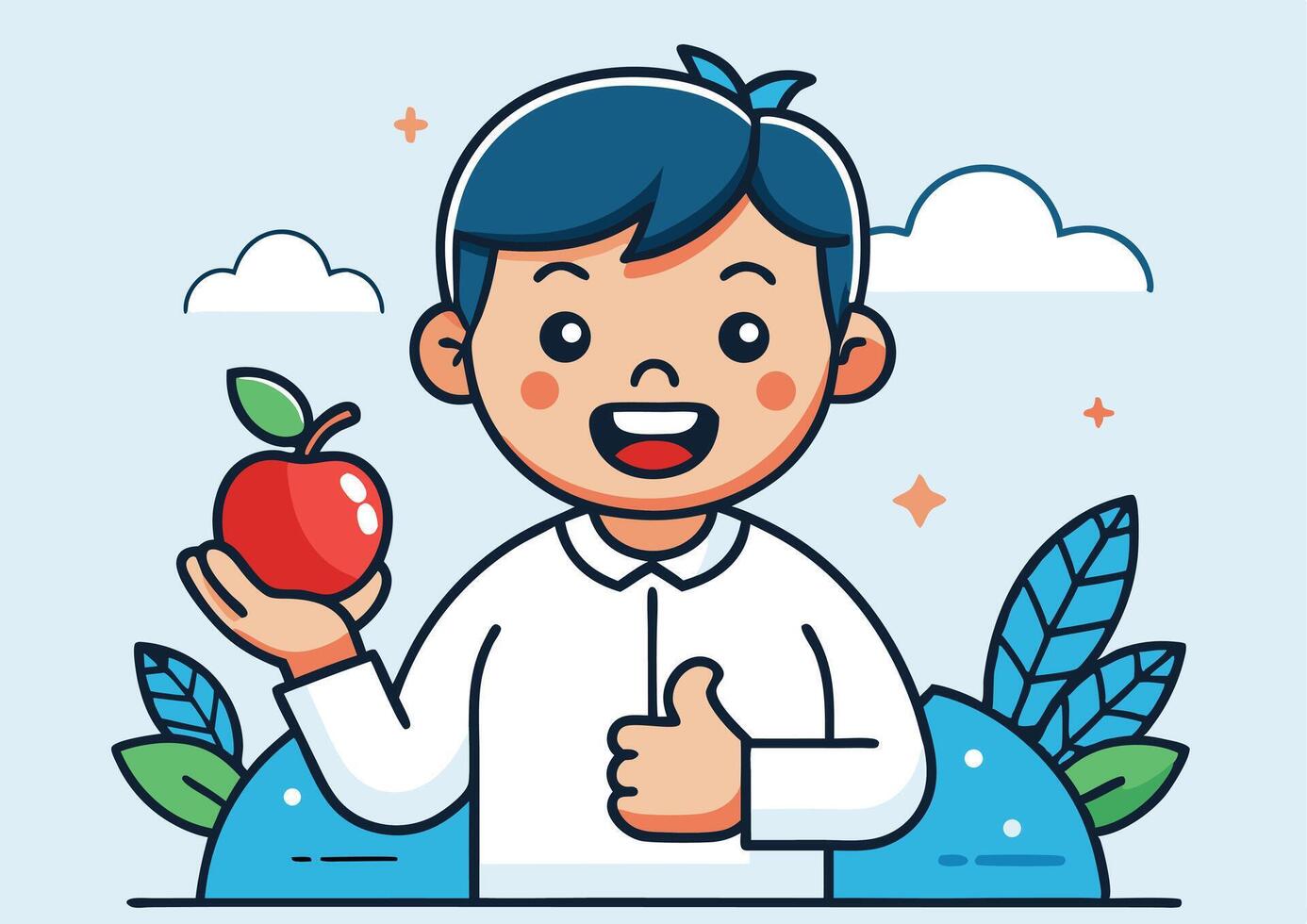Cartoon boy smiles, holds red apple, and gives a thumbsup against a bright background vector