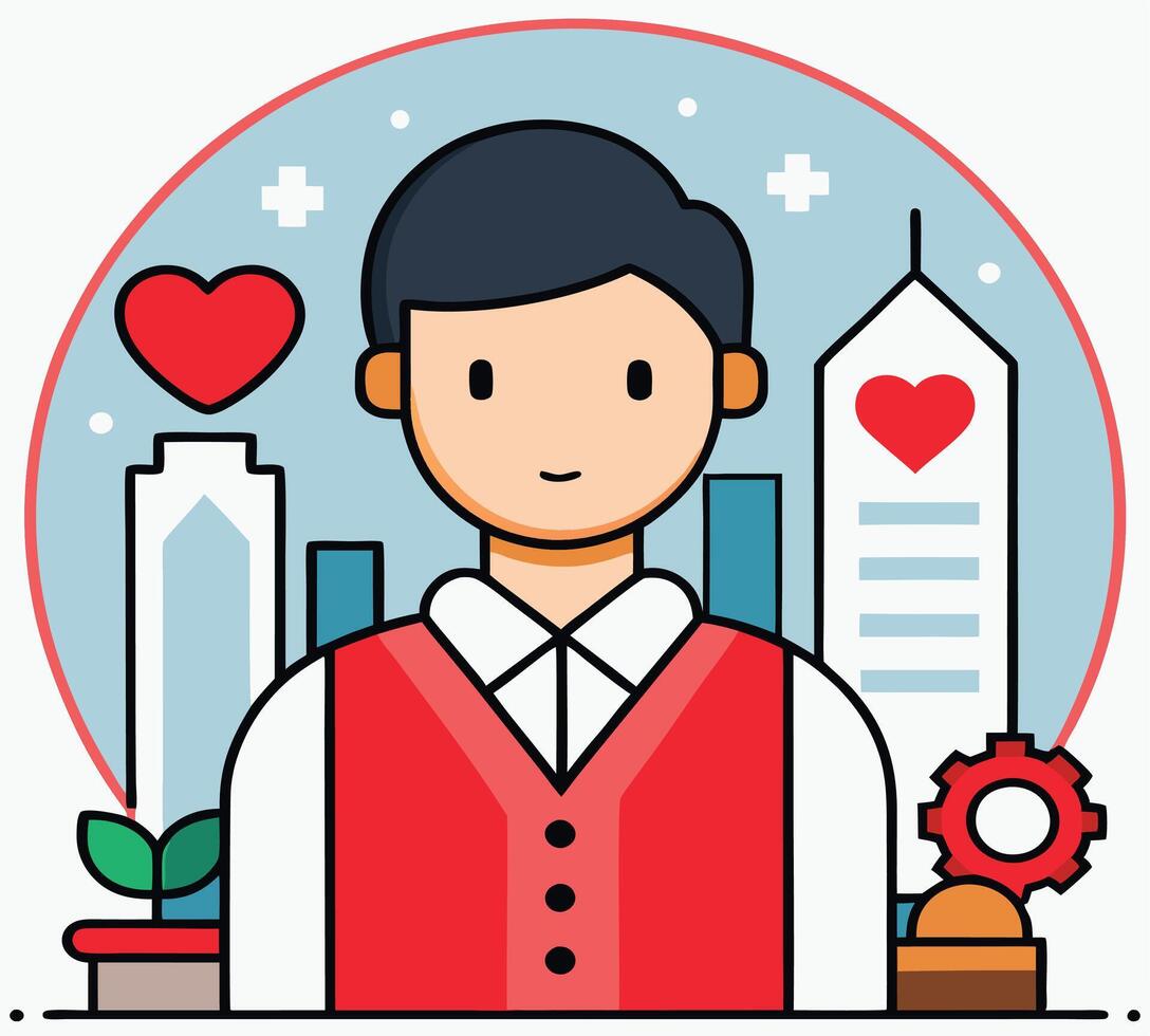Animated man with red vest stands amidst cityscape elements within circular border vector