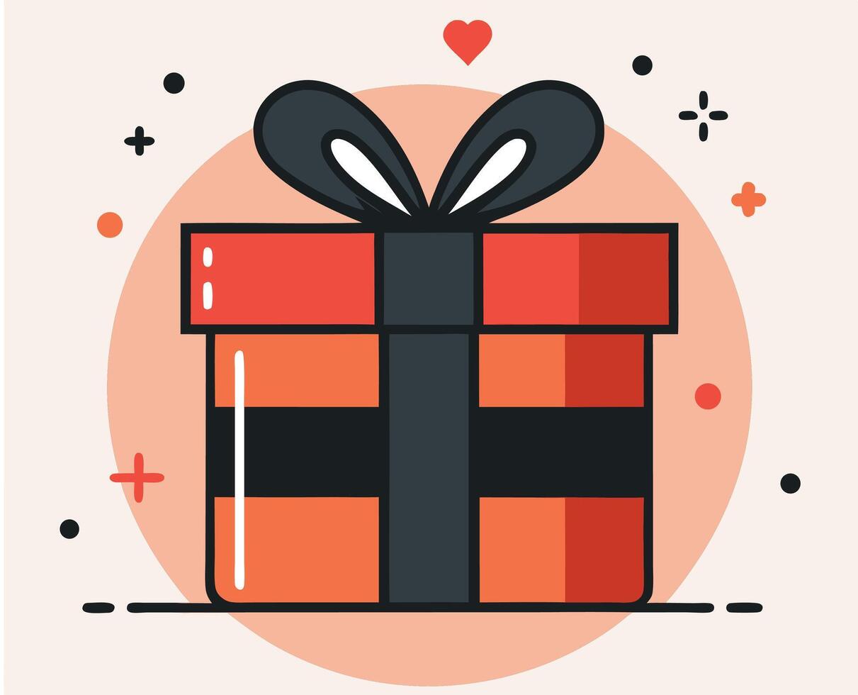 Red and orange gift box with a black ribbon and heart floats above vector