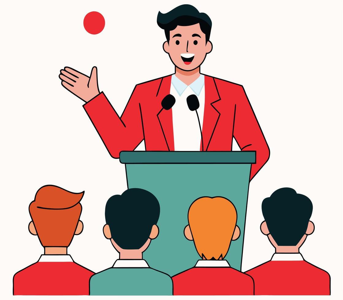 Smiling man in red suit speaks before an audience from behind a podium vector