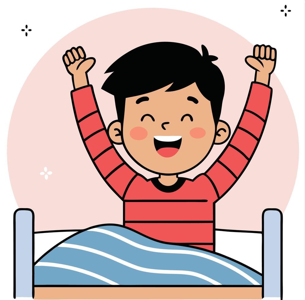 Animated Asian boy smiles brightly while stretching in bed with arms raised upwards vector