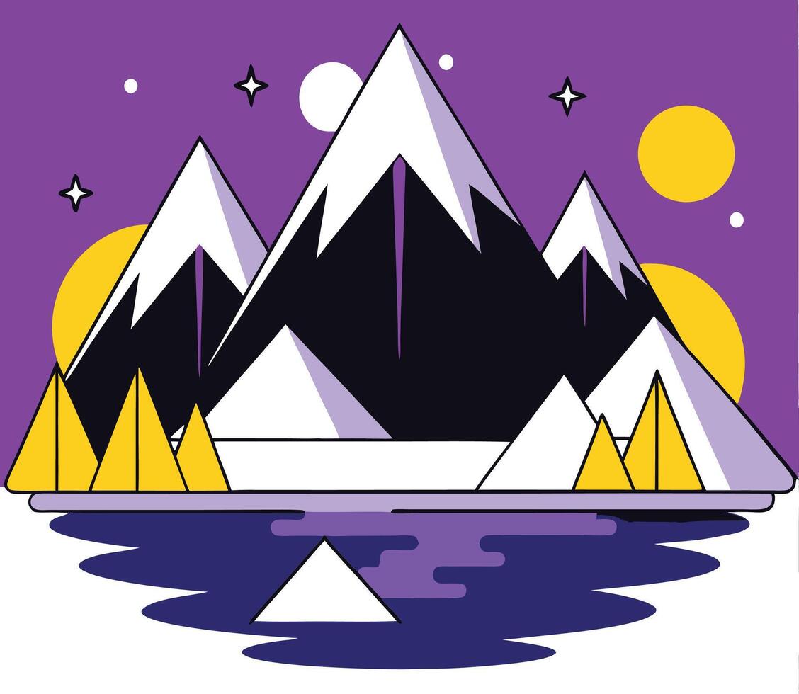 Stylized snowcapped mountains rise under a purple night sky with yellow and white circles vector