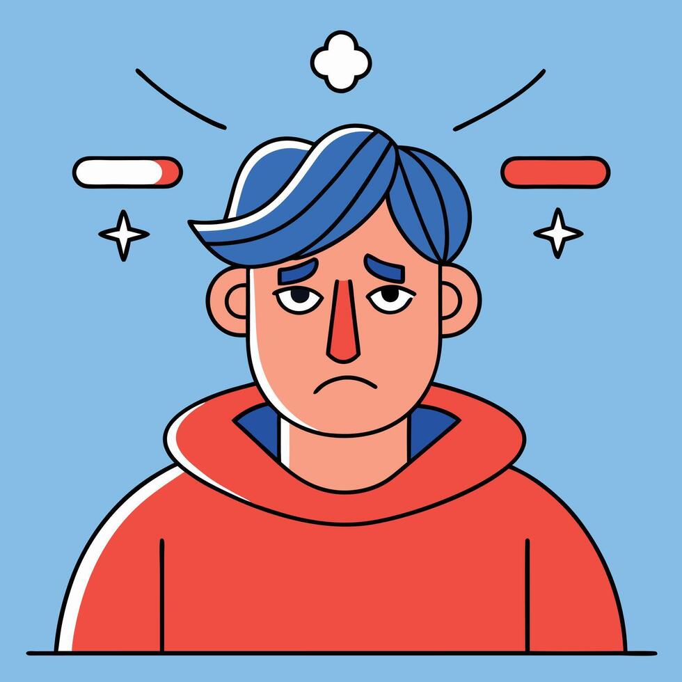 Animated man with blue hair and red hoodie looks sad and thoughtful vector
