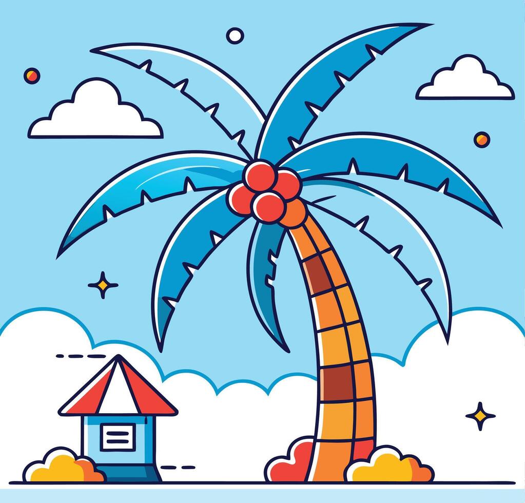 Simple shows blue palm tree near a hut beneath some clouds vector