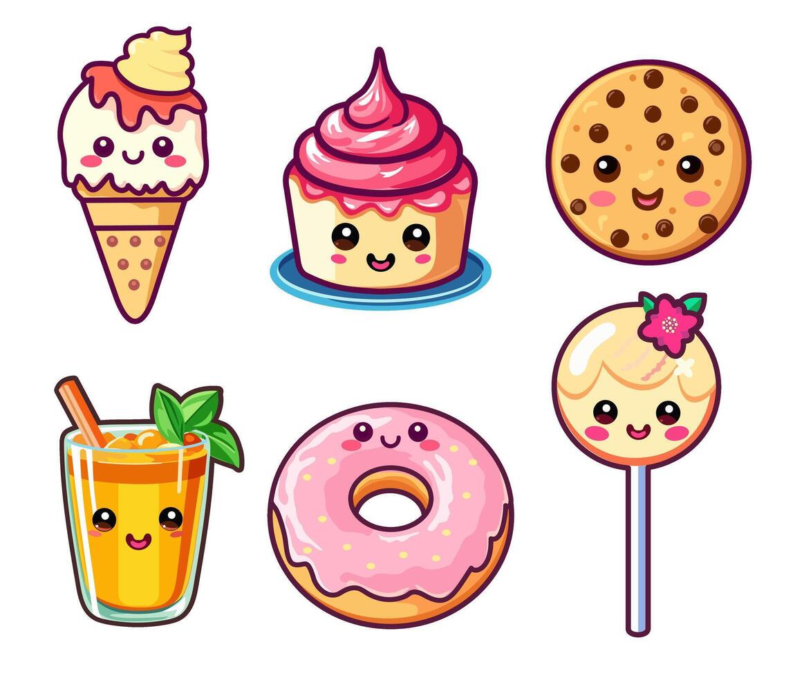 Cute Kawaii food symbols. Set of cute sweet icons in kawaii style with smiling face and pink cheeks for sweet design vector