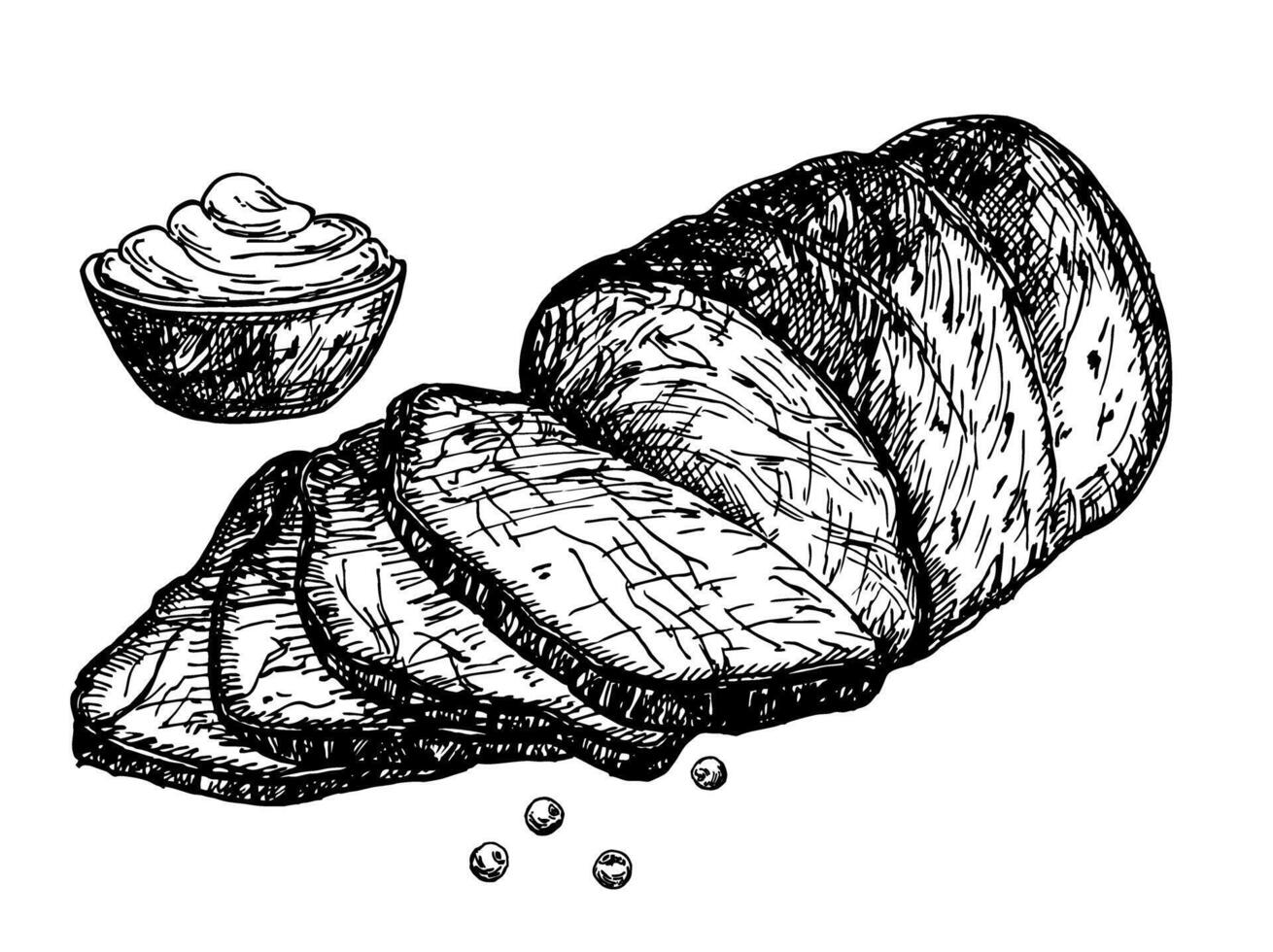Roast beef. illustration of roasted meat in black and white. Sketch illustration of cooked vector