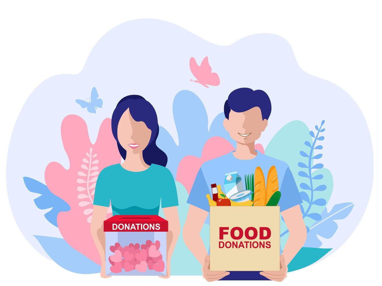 Donations and charity. Flat girl with hearts and young volunteer with food donation boxes. Hearts in hand. Donation box. Donate vector
