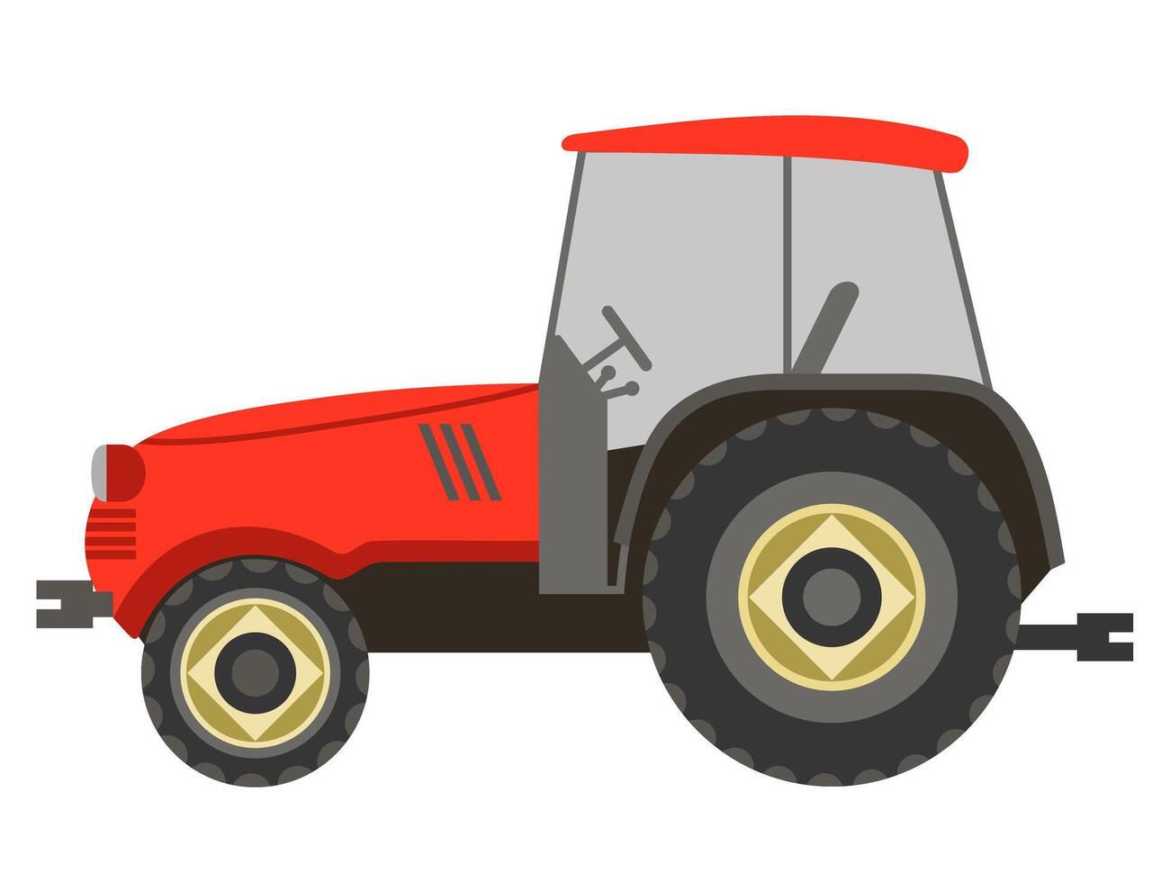 Red tractor side view on white background. Agricultural tractor, farm transport in flat style. Farm tractor icon vector