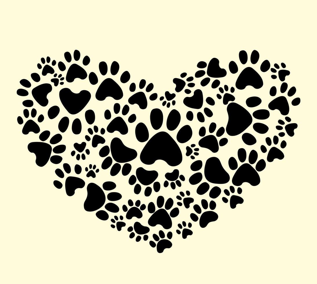 Dark paw prints in heart shape illustration. Cat or dog paw prints. Love symbol. sign made with flat animal footprints. For Valentine s day, Cat and dog day vector