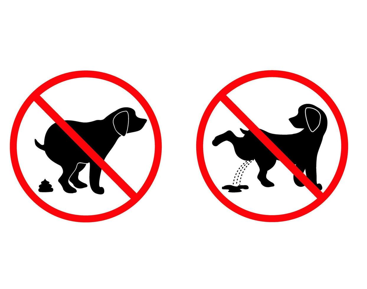 No dog poop sign and No pissing dog sign. Shitting is not allowed. Information circular sign for dog owners vector