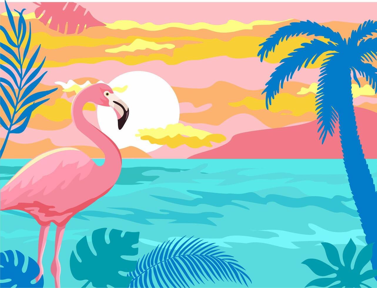 Summer holidays banner with flamingos against the background of the sea and the leaves of a palm tree. Beautiful pink flamingo bird standing in sea water vector