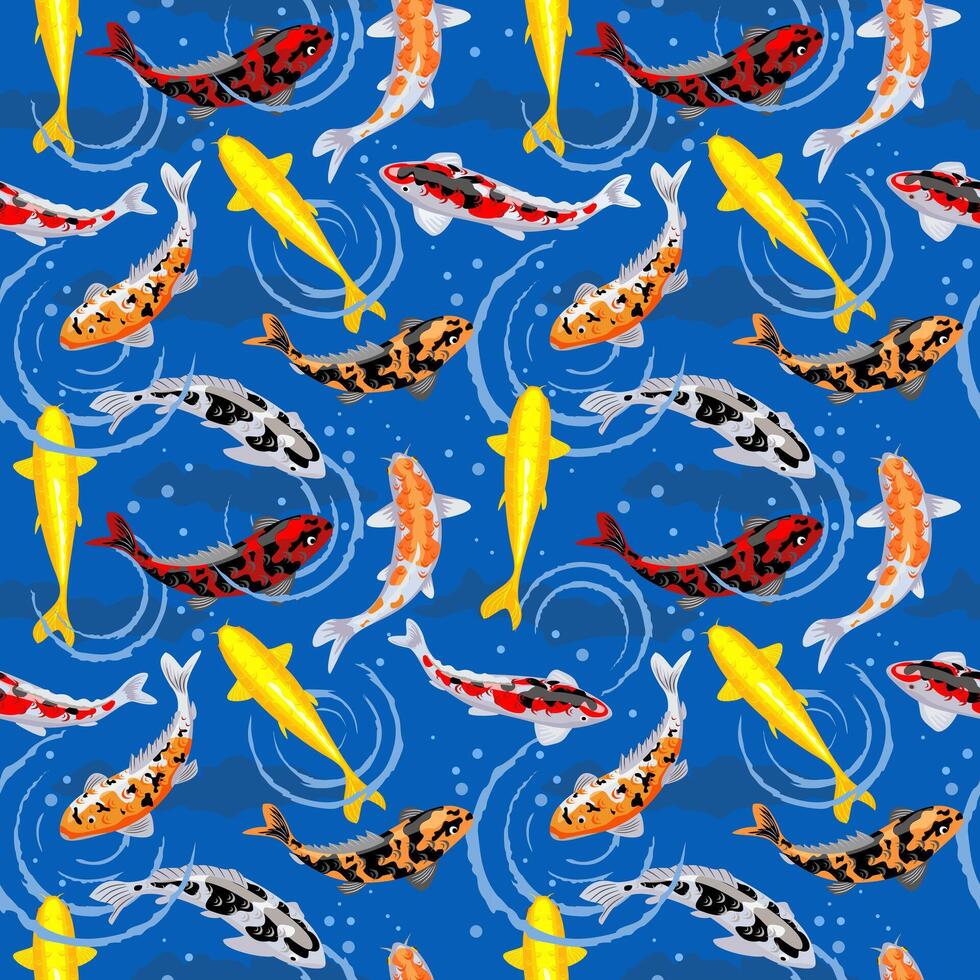 Seamless pattern with a koi fish pond. Koi carps. Seamless pattern with golden, red and black koi carps on background of water waves vector