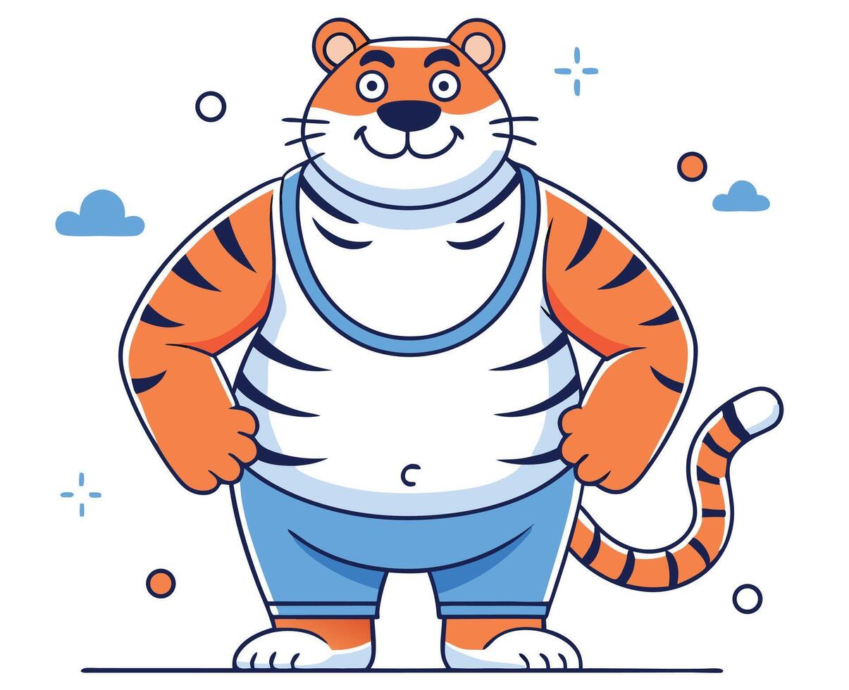 Cheerful cartoon tiger is standing confidently wearing blue shorts and white tank top vector