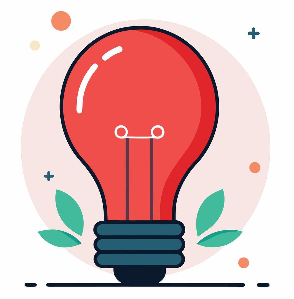 Red lightbulb radiates brightly within a decorative background with leaf elements on a transparent background vector