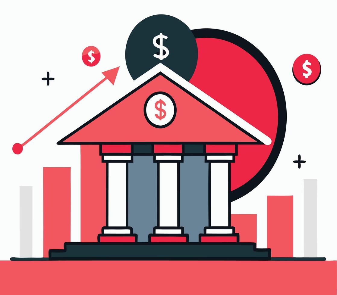 Building structure with columns and dollar icons illustrates rising finance and economic growth concept vector