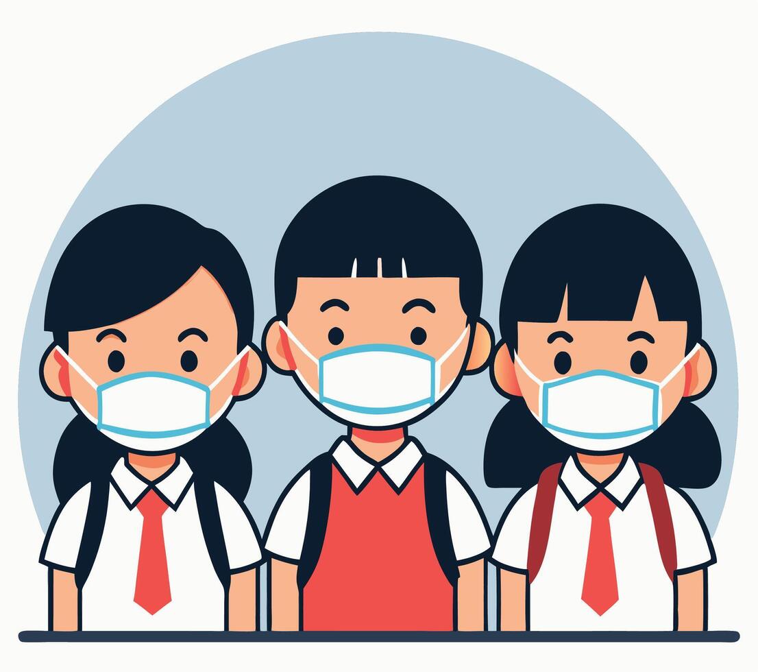 Three Asian students with backpacks wear medical masks against a blue background vector