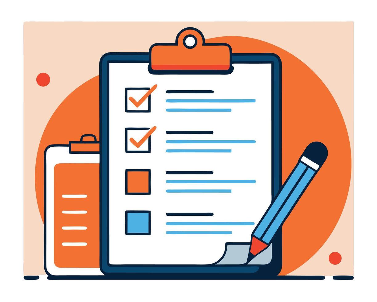 Clipboard displays marked boxes and lined text while a blue pencil sits near it vector