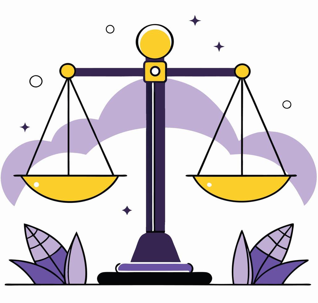 Balanced scales stand peacefully against a purple clouded sky with plants below them vector