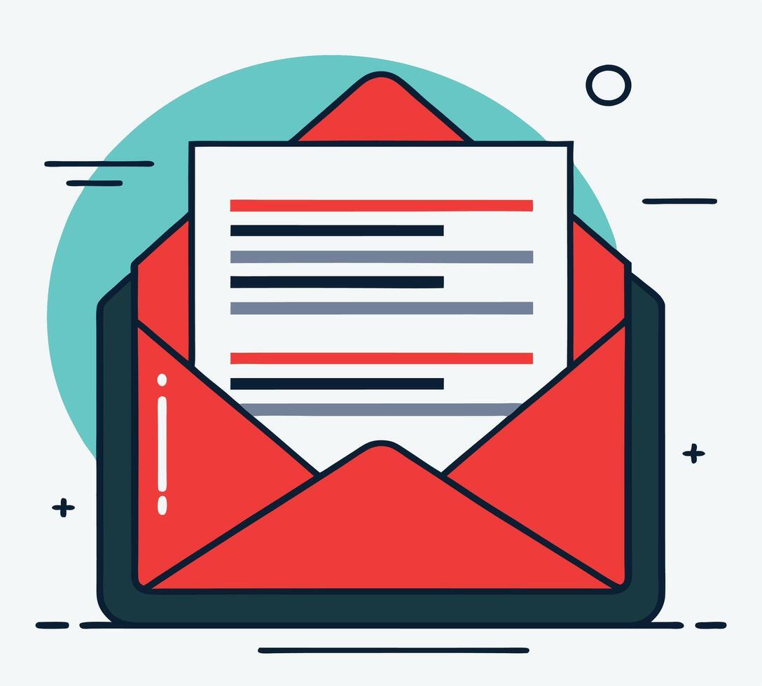 A red opened envelope contains a white sheet with black lines, creatively presenting the mail vector