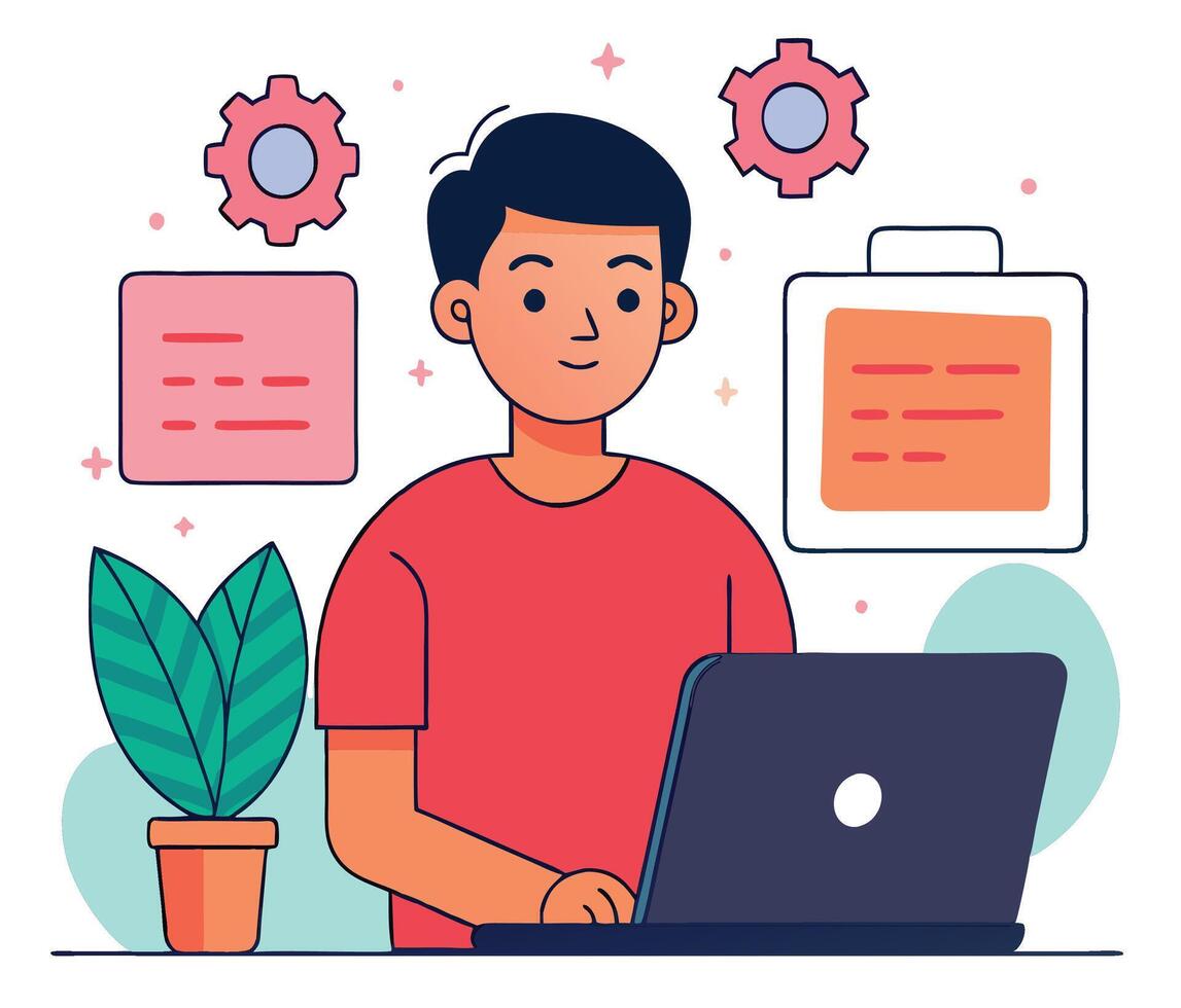 Young Asian man works on his laptop surrounded by icons on transparent background vector