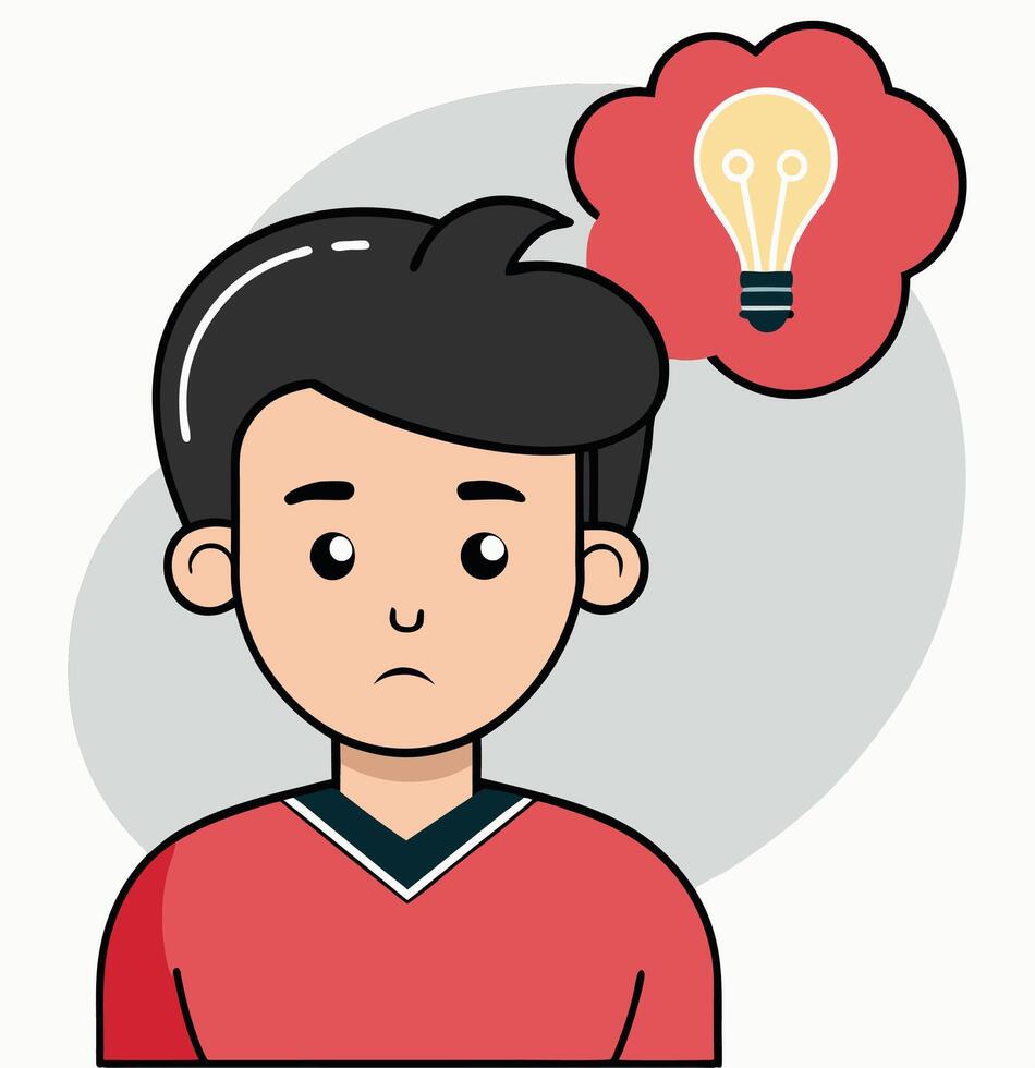 Pensive Asian boy in a red shirt is thinking about a bright idea vector