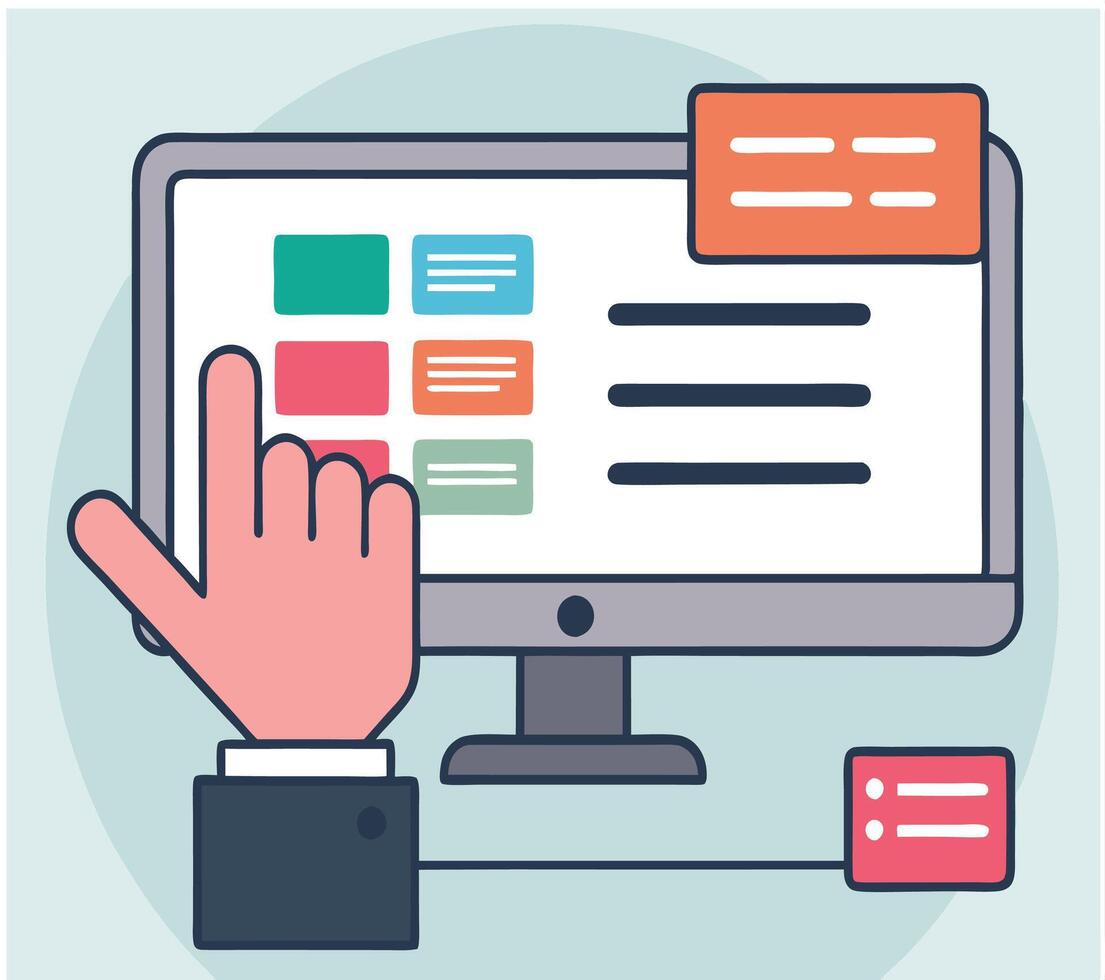A pink hand touches colorful website blocks shown on a gray monitor vector