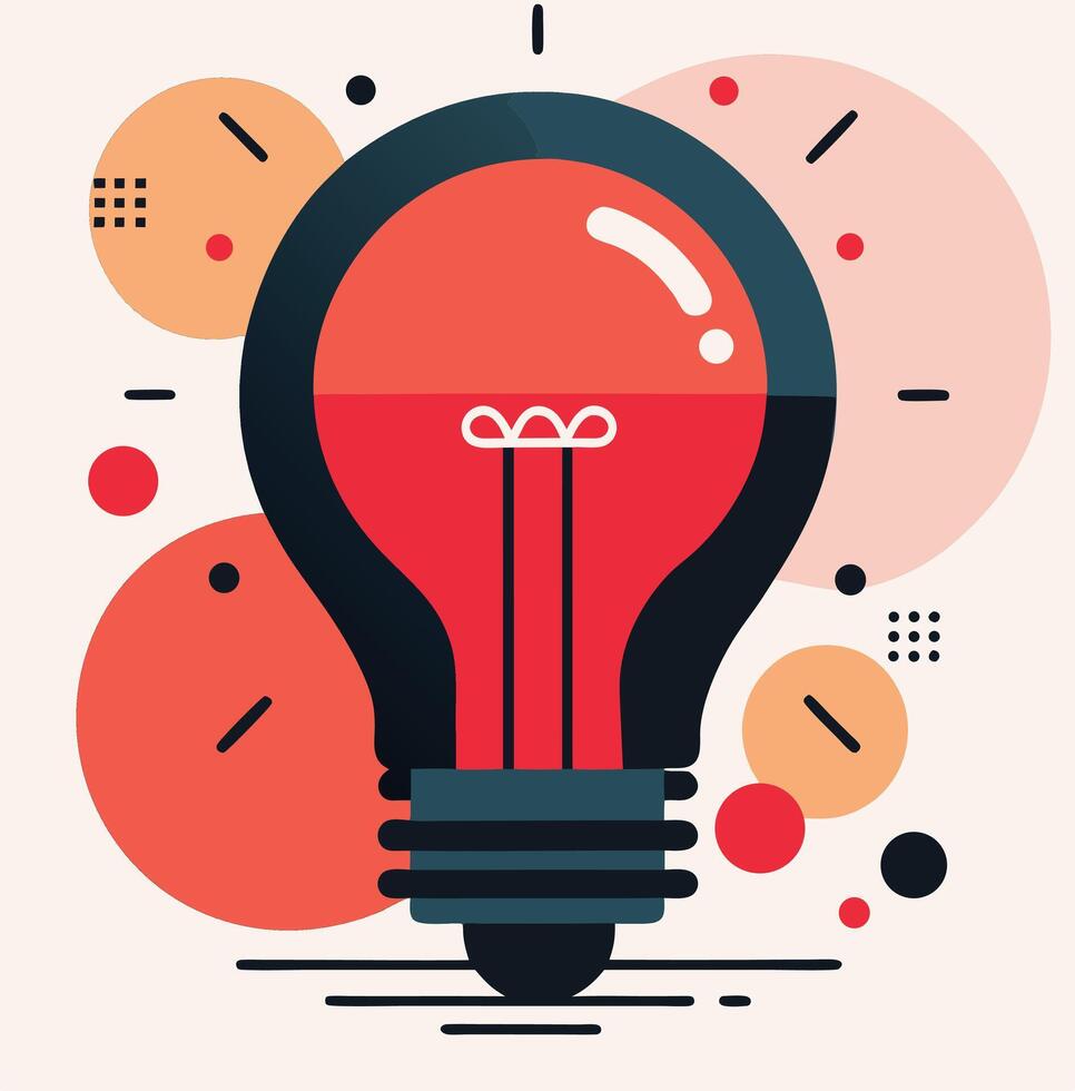 Bright red geometric lightbulb shines amid abstract shapes against a clean, neutral backdrop vector
