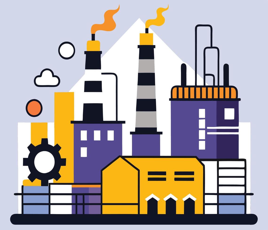 Cartoonish urban industrial skyline shows plant chimneys emitting smoke and structures in a vector