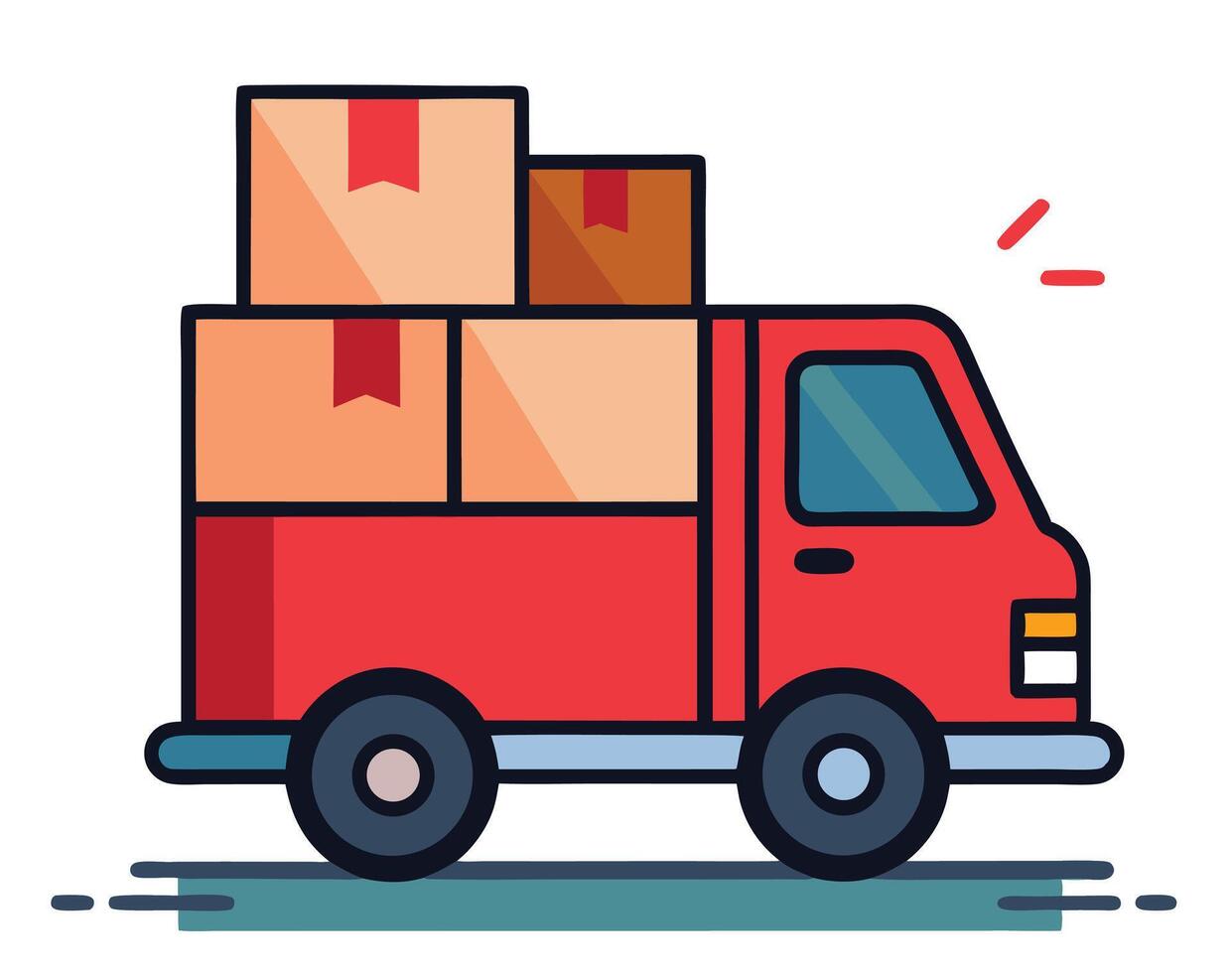Cartoon red delivery truck carrying stacked cardboard boxes is traveling quickly against a transparent backdrop vector