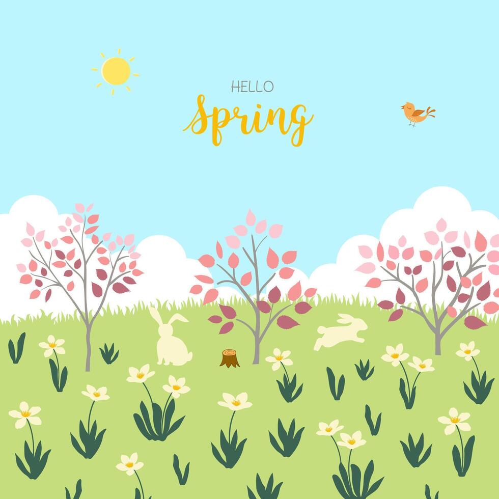 Springtime with cute animals and colorful garden on flat style vector