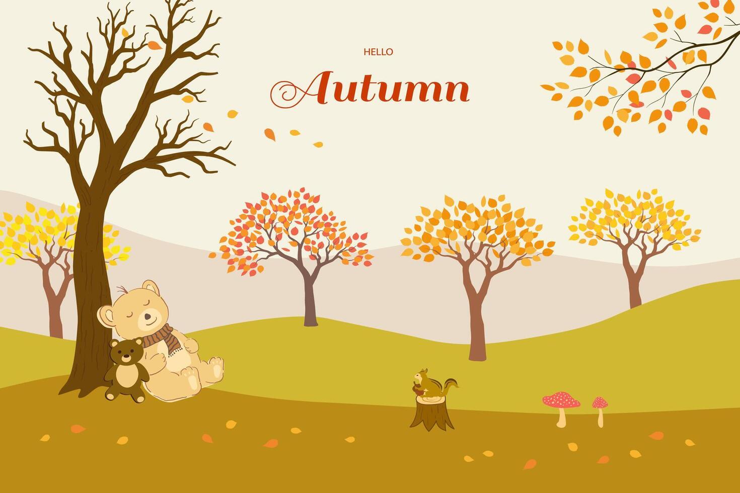 Hello autumn with colorful leaves and cute sleeping bear on flat style vector
