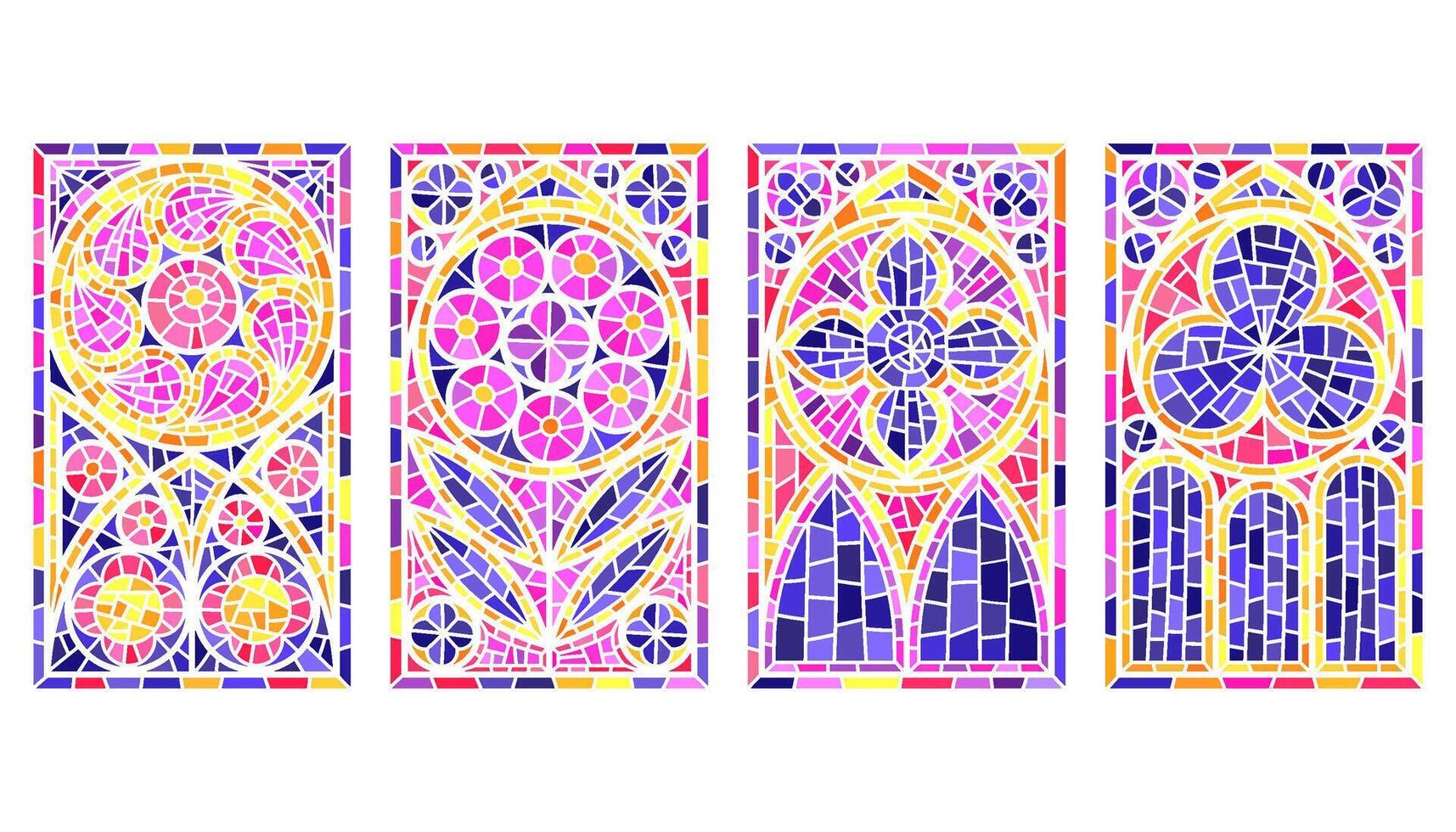 Church windows with gothic arch. Colored stained glass. Cathedral frames with floral pattern. Medieval antique architecture. Mosaic decoration and fantasy ornament vector