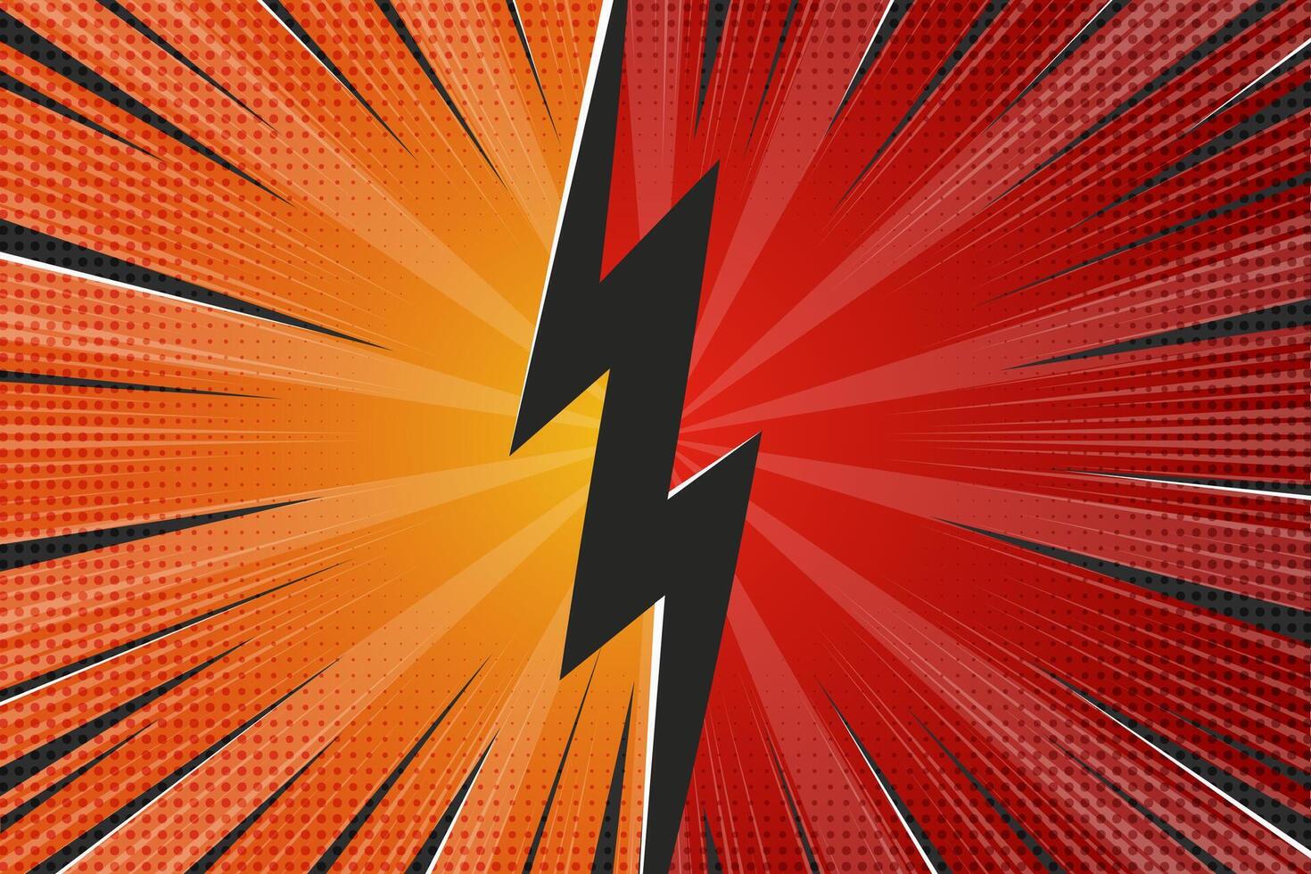 Comic book superhero background with blast. Pop art retro frame with boom effect. Orange and red vs sunburst striped bright poster with halftone texture. vector
