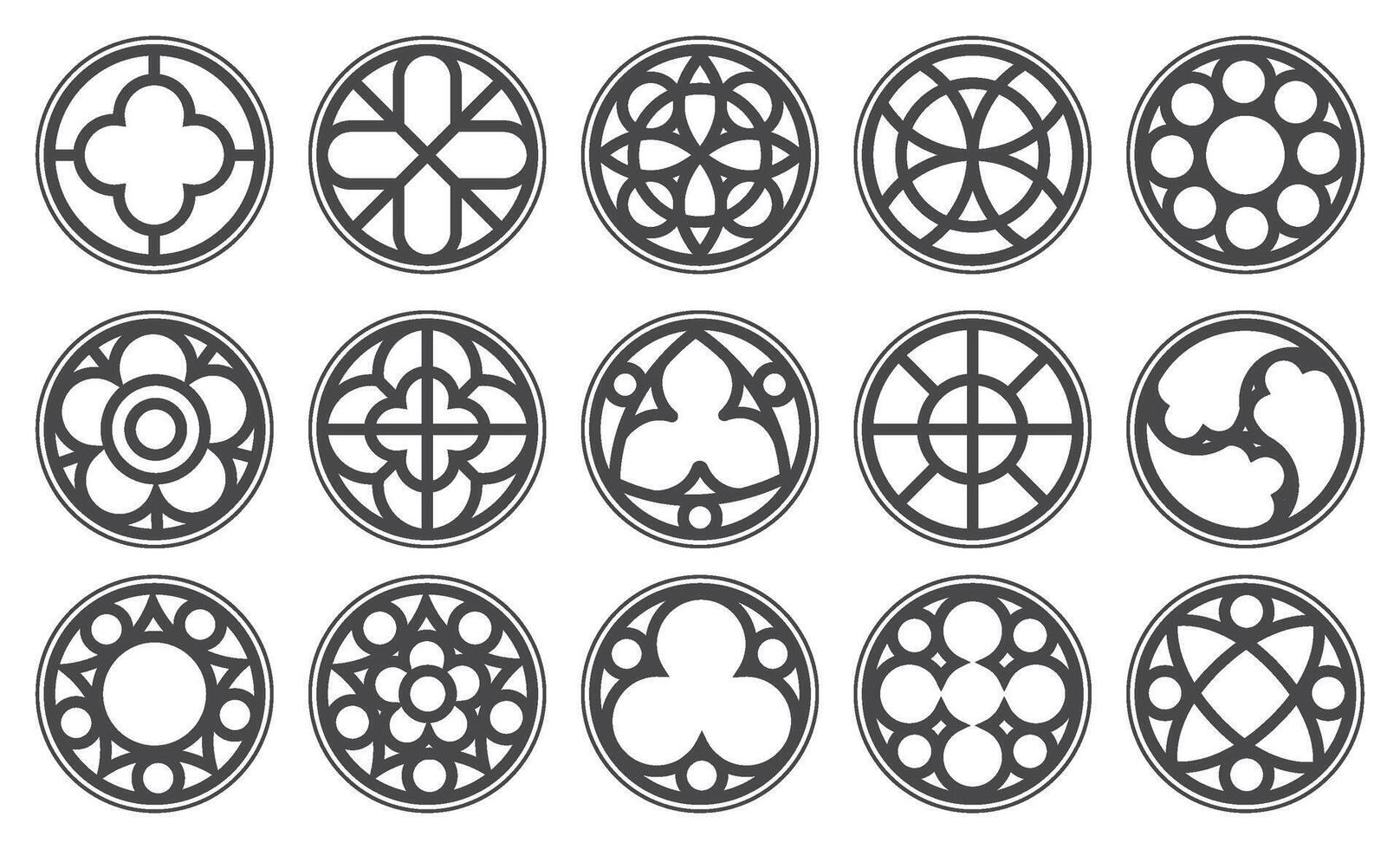 Gothic circle rose window with medieval ornament. Cathedral rosette. Christian architecture elements with stained glass on white background. Radial frame. vector