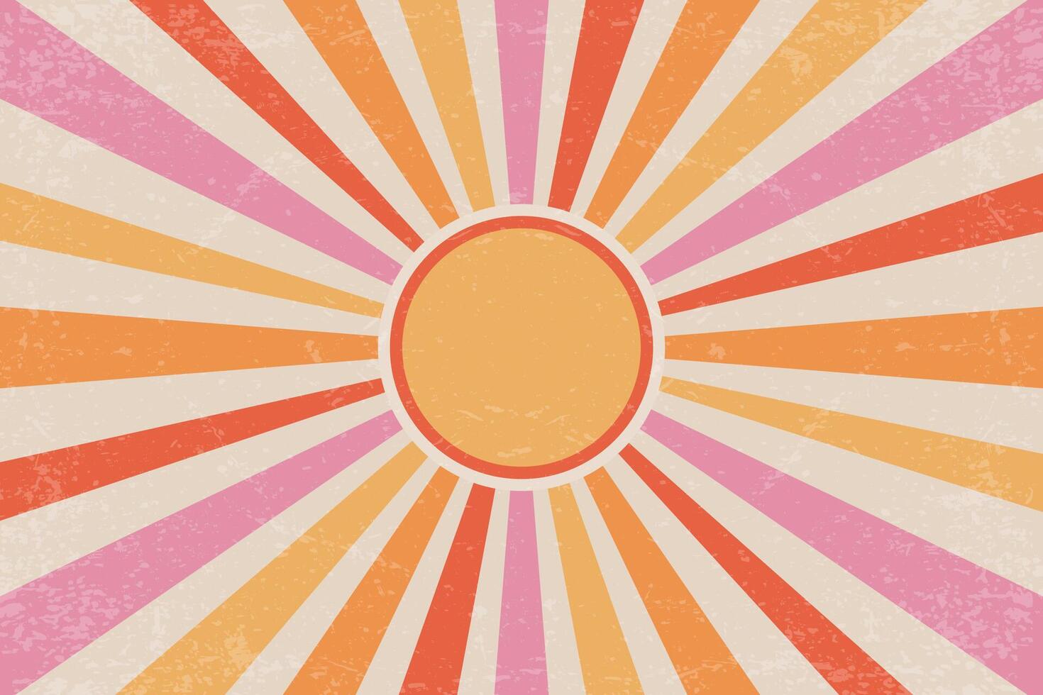 Retro sun background. Retro groovy radial rays. 70s summer vintage poster. Abstract carnival graphic. Grunge texture wallpaper. vector