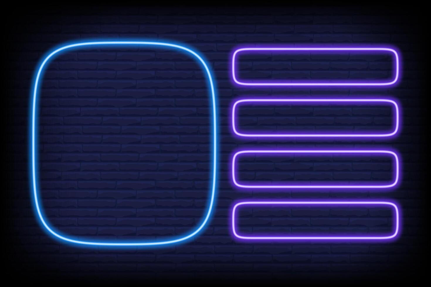 Quiz game neon template for trivia and tv show. Contest multiple options frame for choice. Intellectual challenge menu on brick wall background. led mockup vector