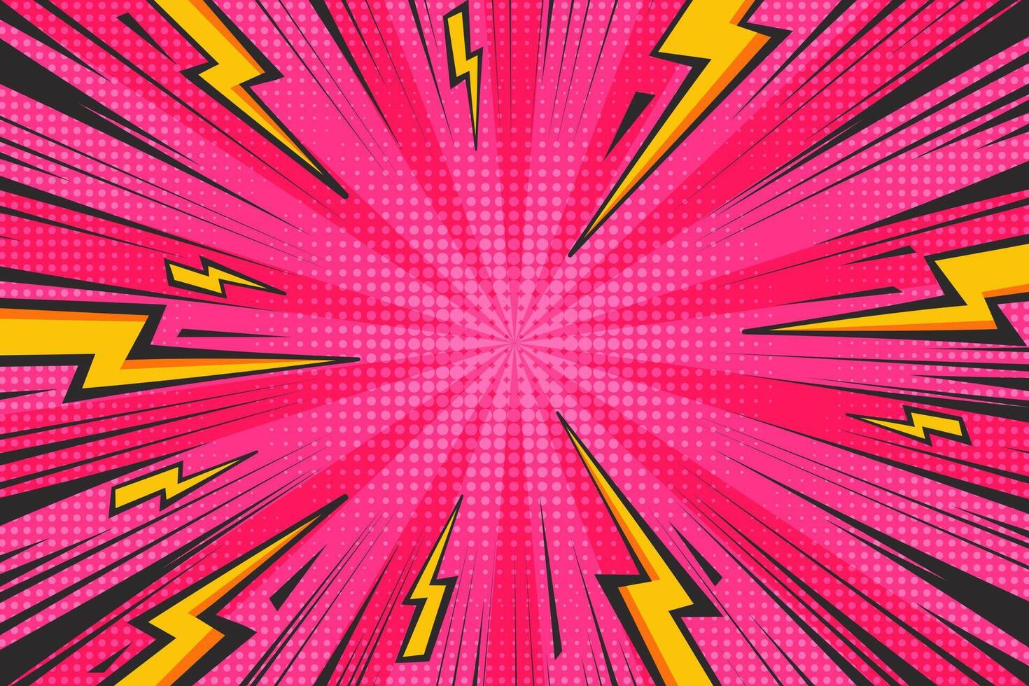 Cartoon comic background with lightnings and halftone effect. Pop art graphic with radial thunders. Pink abstract illustration with flash light and speed lines frame. Explosion bg. vector