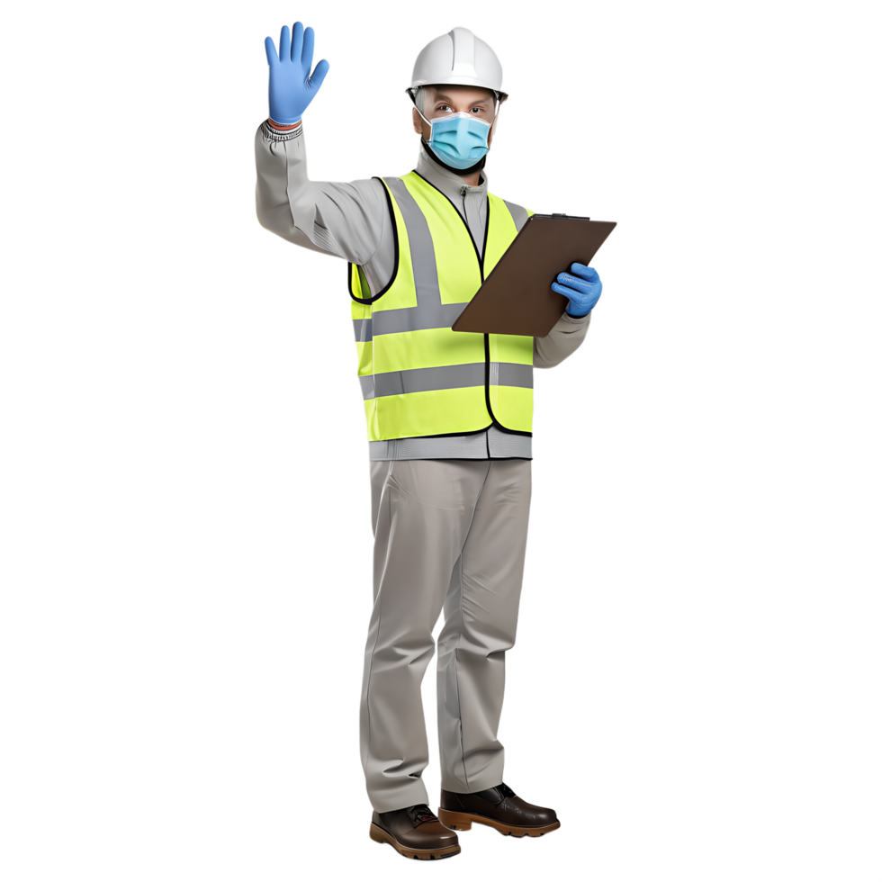 3D render of a construction worker waving, holding a clipboard, in full PPE, with a transparent background png