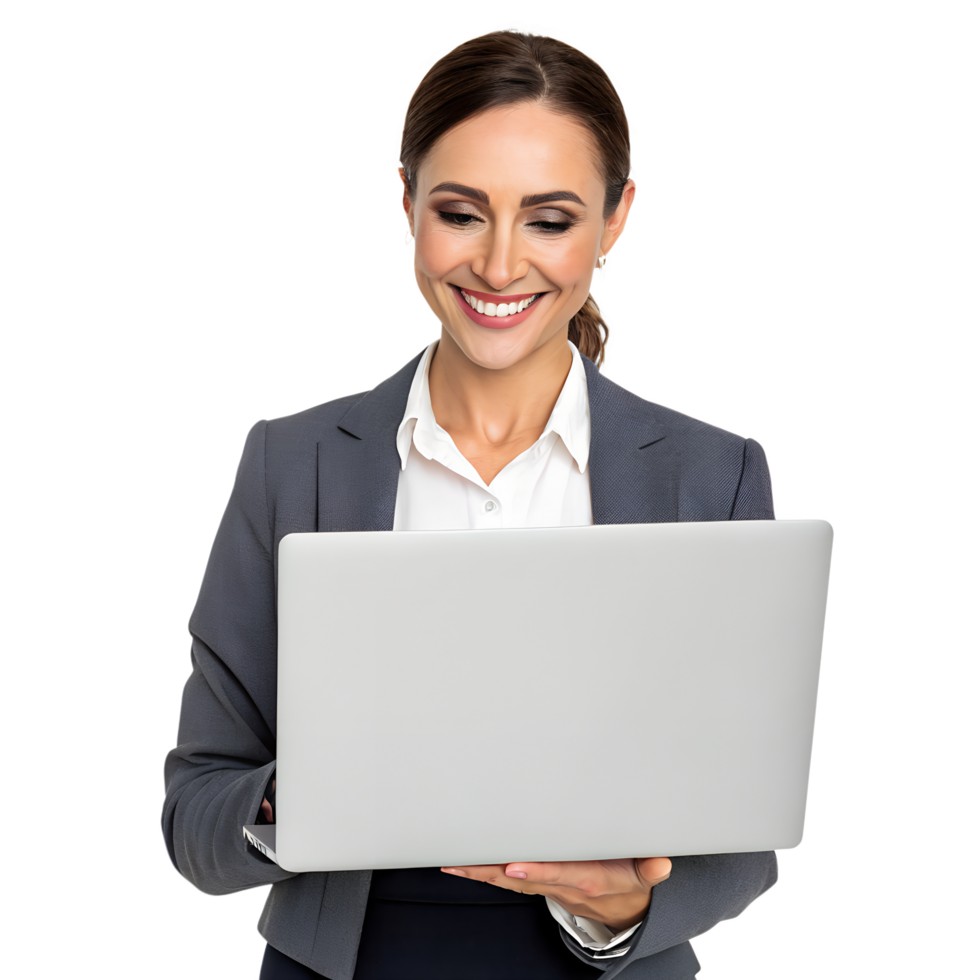 Smiling smart business woman holding and looking the laptop with transparent background png