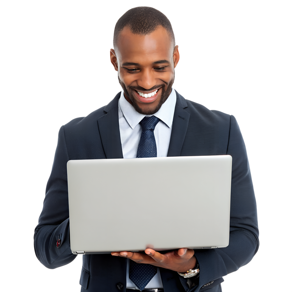 Smiling businessman boss holding and looking the laptop png