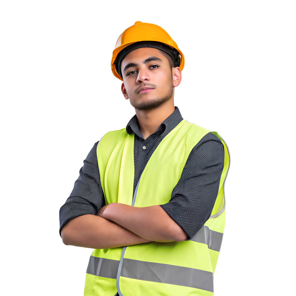 Young construction worker in a neon safety vest, hard hat tilted slightly, arms crossed, isolated on transparent background png