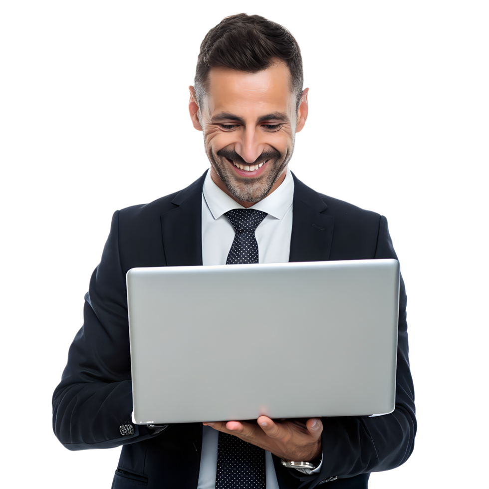 Smiling smart business man holding and looking the laptop png