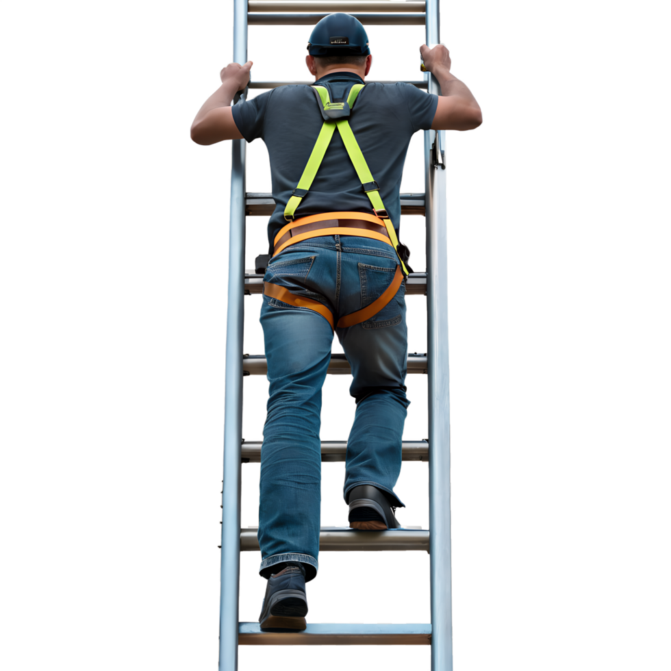 Construction worker climbing a ladder, viewed from the side, safety harness visible, transparent background png