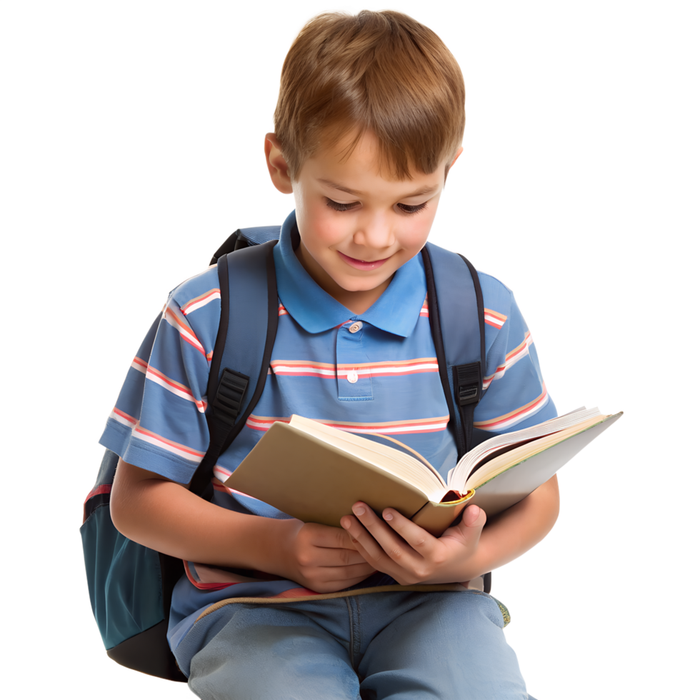 Young boy reading a book and backpack with transparent background png