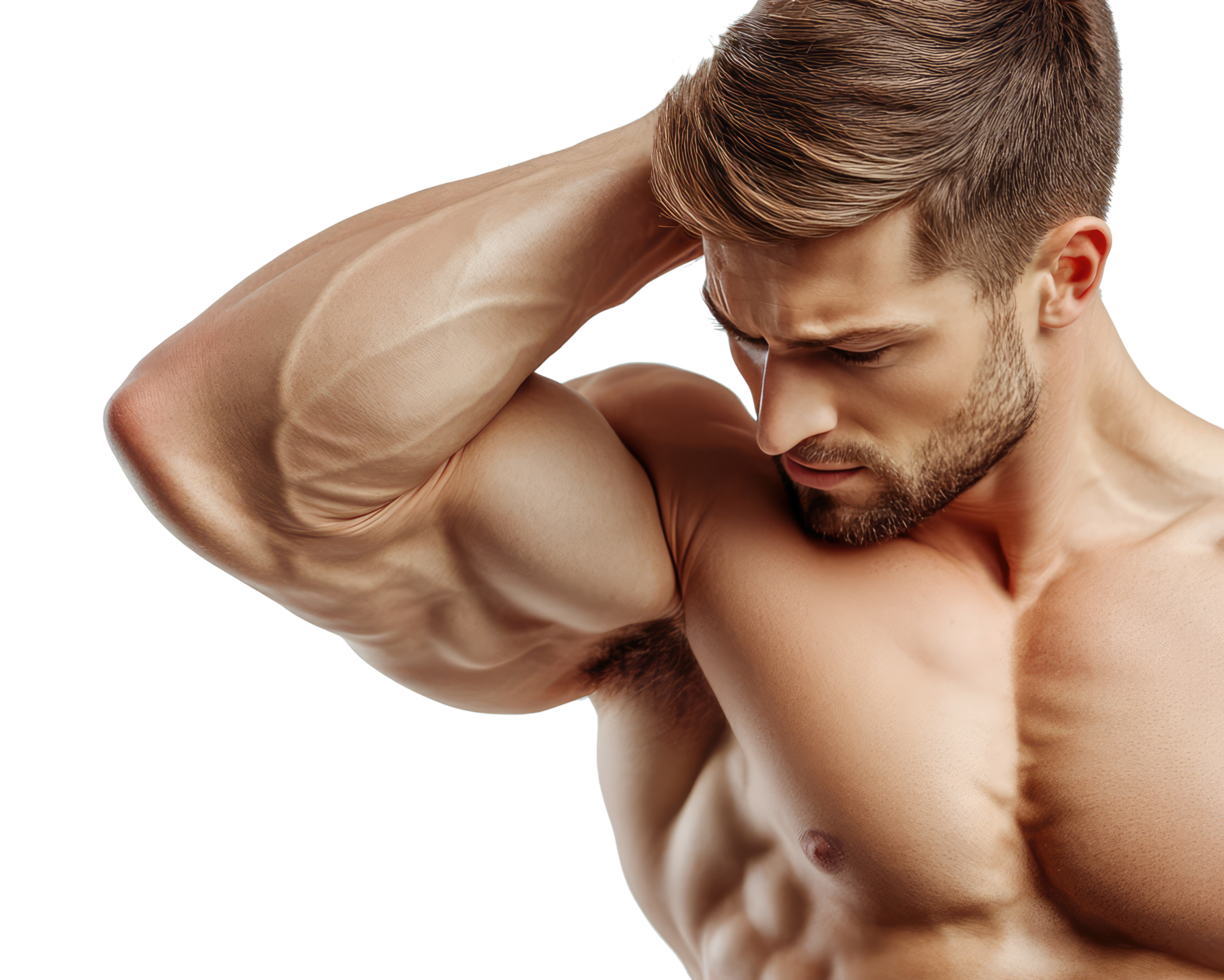 Strong muscular man showing biceps muscles isolated on transparent background png