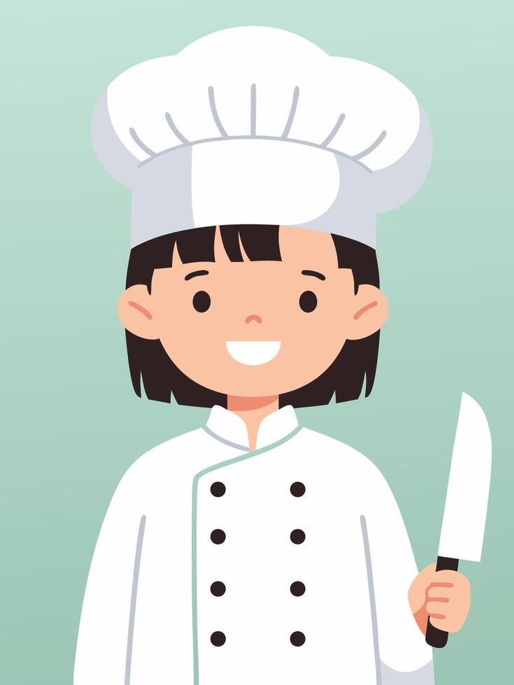 Cheerful Girl Chef Holding Knife in Professional Attire Smiling in Bright Kitchen Environment vector