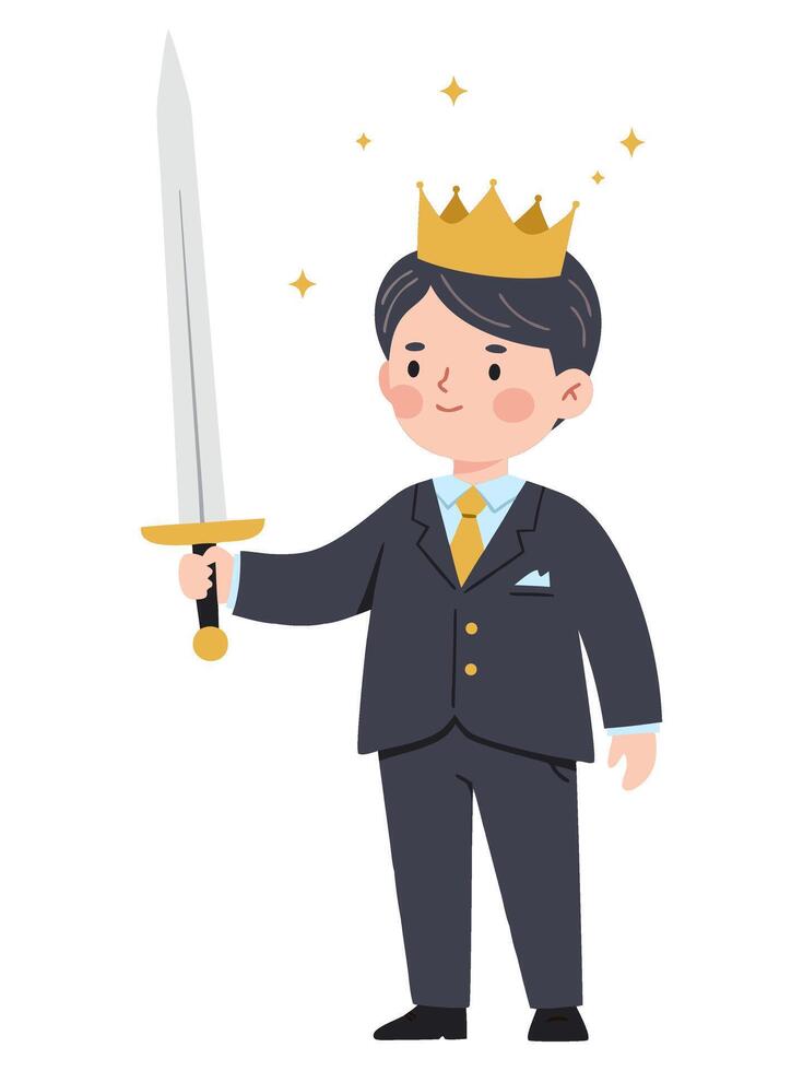 Young Boy in Suit Holding Sword with Crown, Cartoon Style Illustration for Various Themes vector