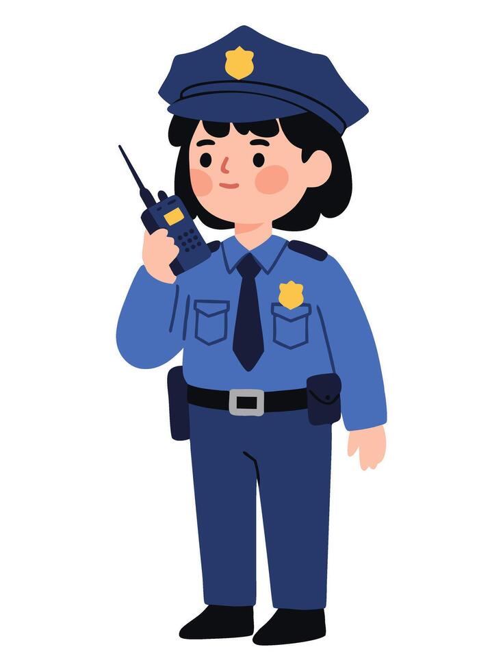 This minimal illustration features a policewoman character holding a radio device, portraying confidence and professionalism. Ideal for themes of law enforcement and community safety. vector