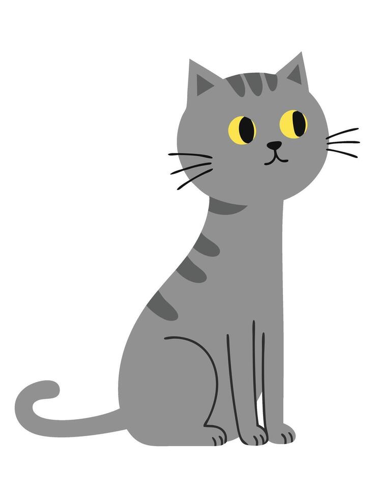 Cute Gray Cat Sitting with Striped Fur and Big Bright Yellow Eyes in Minimalist Style Illustration vector